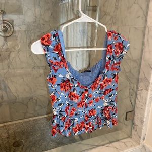 Zara Blue and Red Floral Babydoll Crop Top
